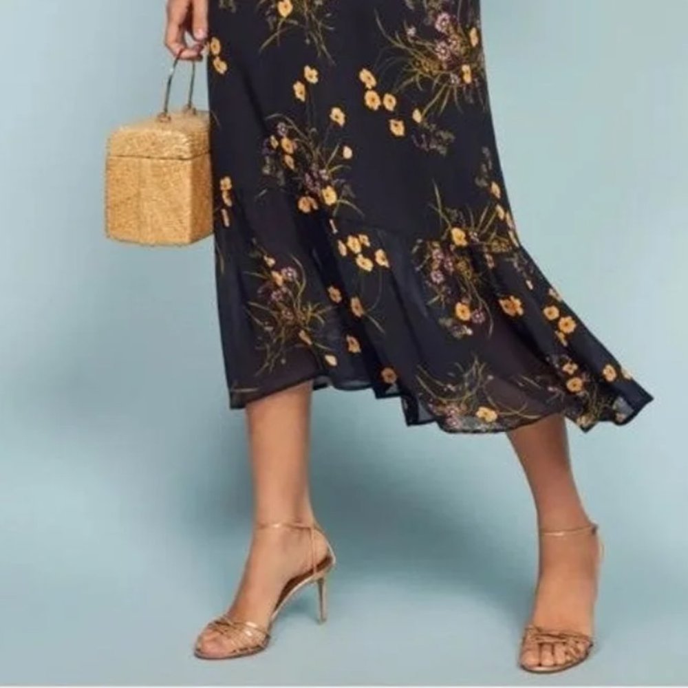Reformation Navy Floral Midi Dress with Yellow Accents - Picture 7 of 15